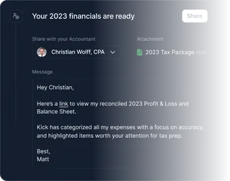 Screen showing a message to accountant Christian Wolff, CPA, about 2023 financials being ready, with an attached 2023 Tax Package.xlsx file and a message from Matt discussing reconciled profit and loss, balance sheet, and categorized expenses for tax prep.