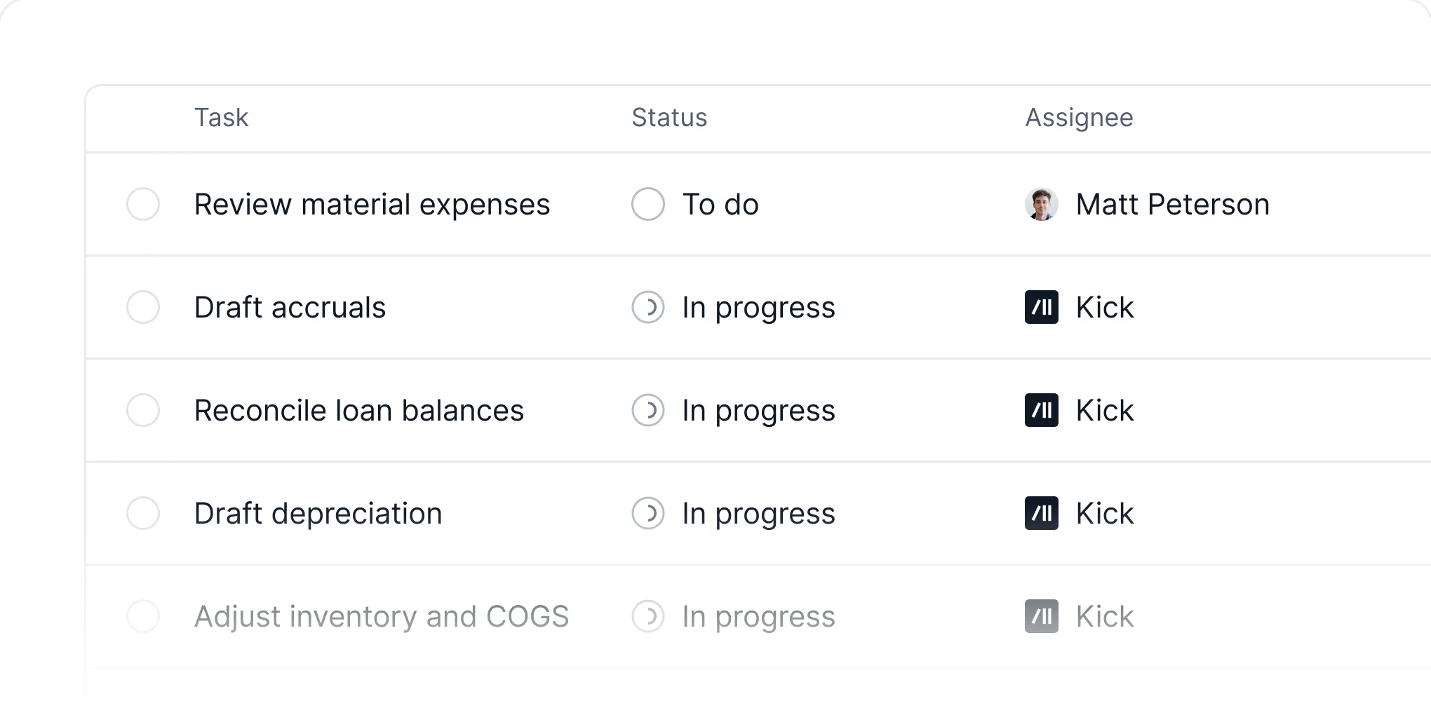 Task list where Kick is drafting accruals, loan balances, depreciation, and inventory while a reviewer owns material expenses