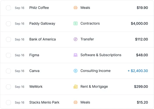 Transactions list with categories like Meals, Contractors, Transfer and Consulting Income.