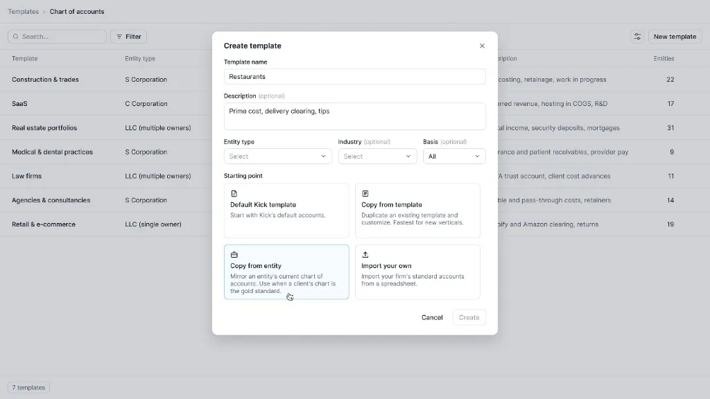 Create template dialog with options to start from Kick's default chart, another template, an entity, or a spreadsheet import