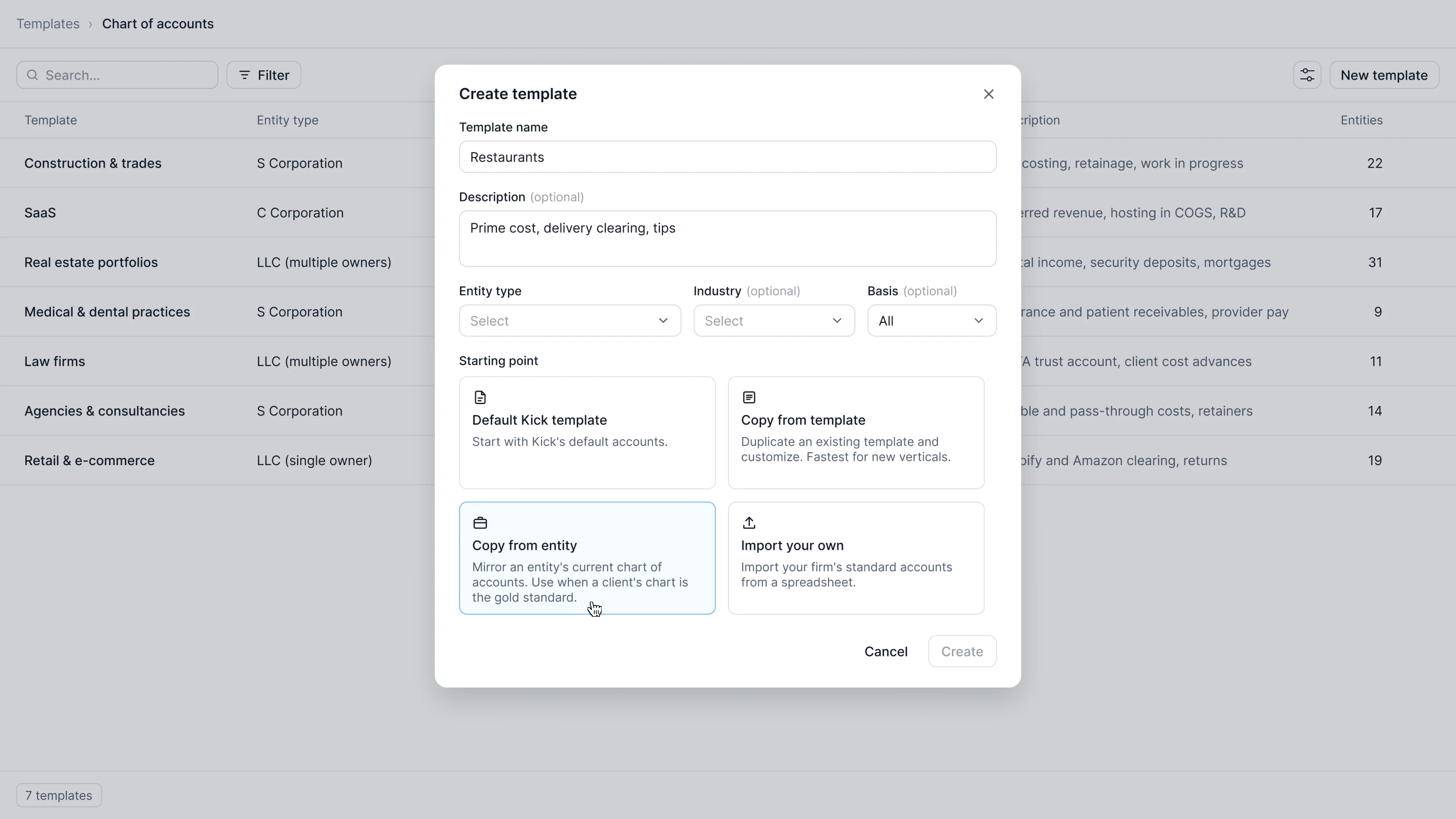 Create template dialog with options to start from Kick's default chart, another template, an entity, or a spreadsheet import