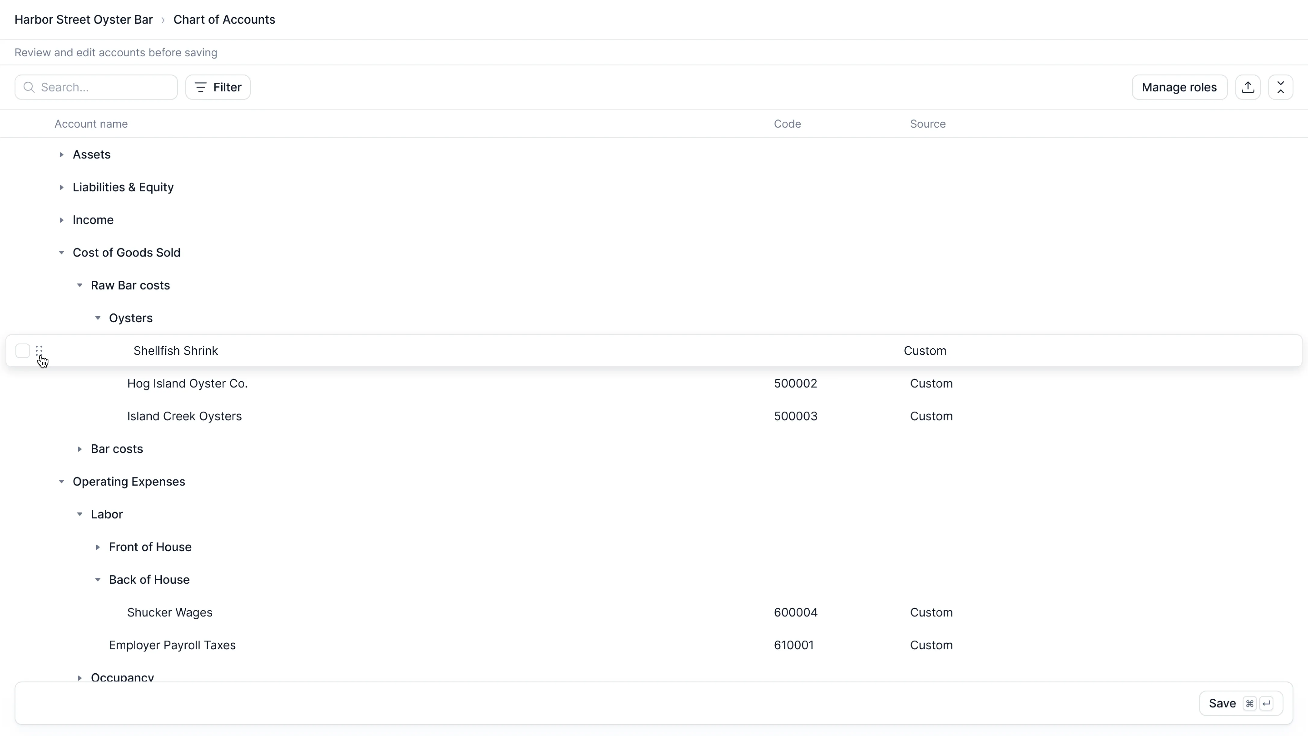 Chart of Accounts editor showing nested groups under Cost of Goods Sold, with Shellfish Shrink being dragged