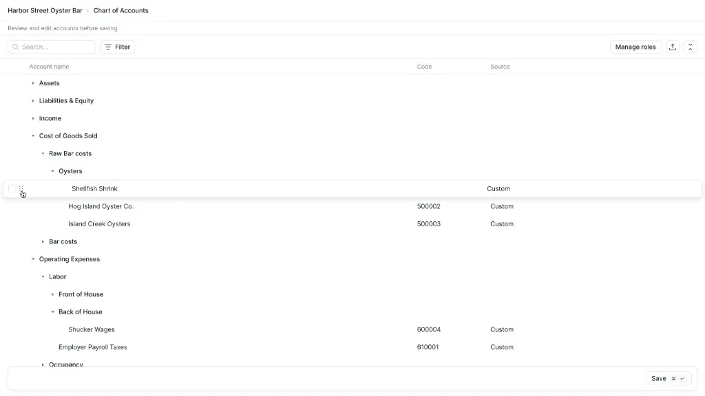 Chart of Accounts editor showing nested groups under Cost of Goods Sold, with Shellfish Shrink being dragged