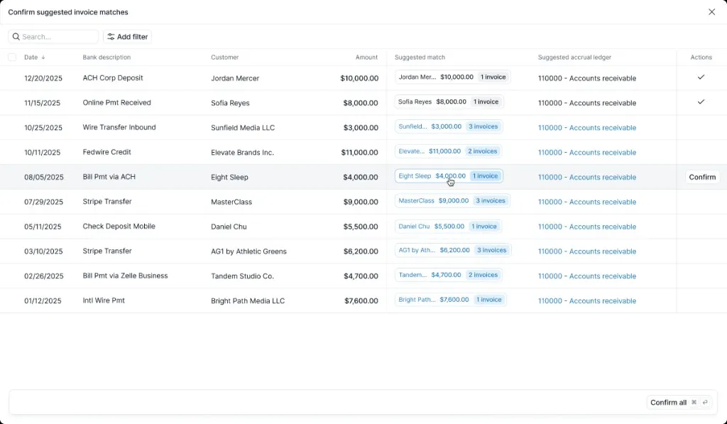 Confirm suggested invoice matches in Kick