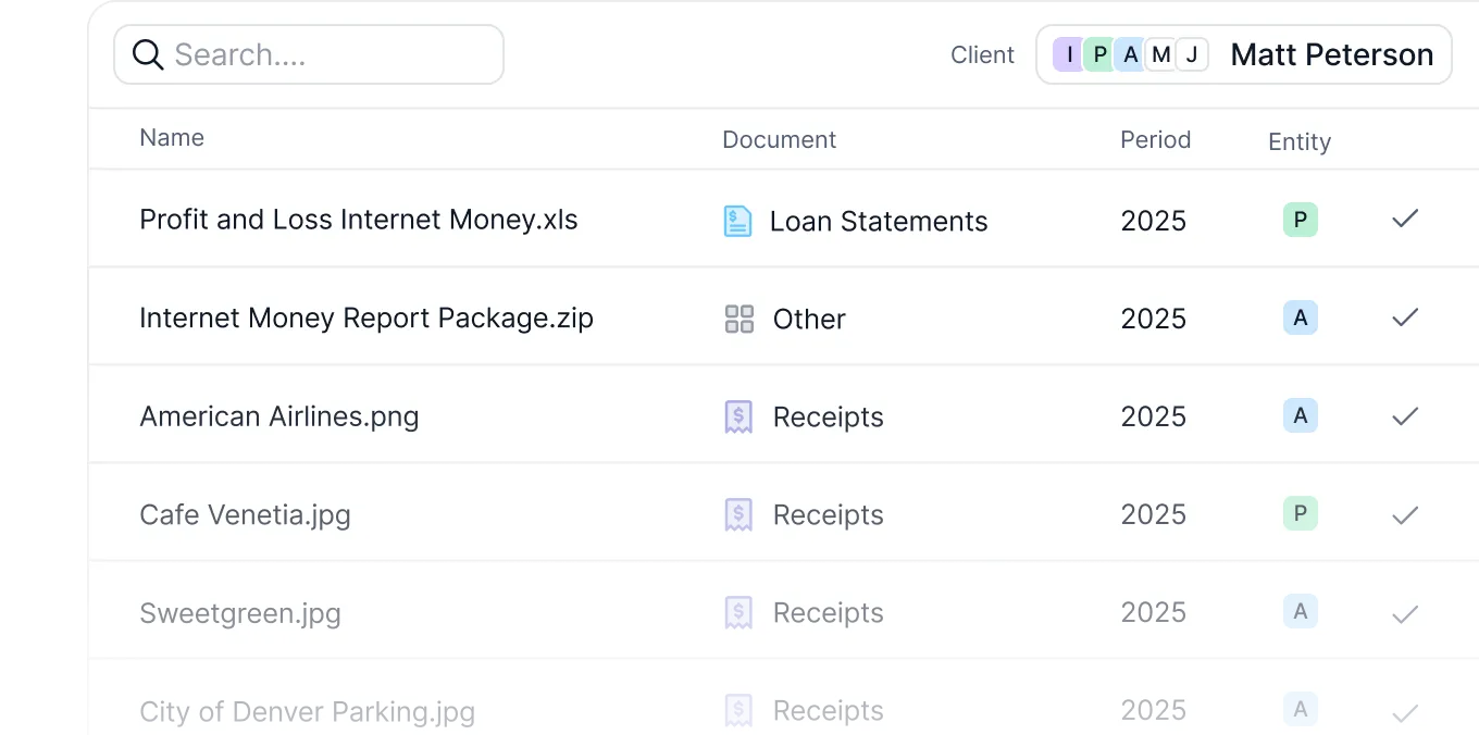 Client document inbox with processed loan statements and receipts categorized by type, period and entity