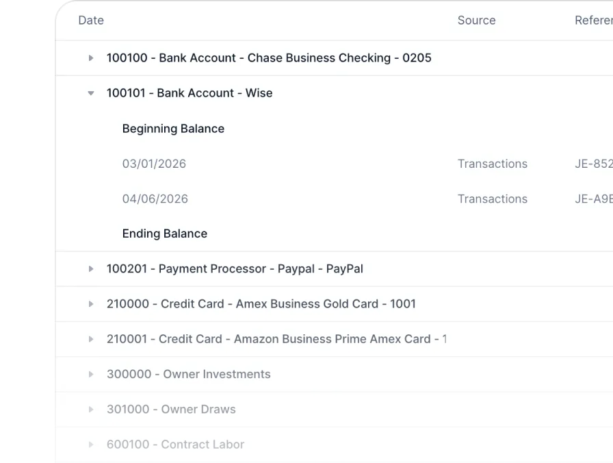 General ledger view with expandable accounts and beginning and ending balances