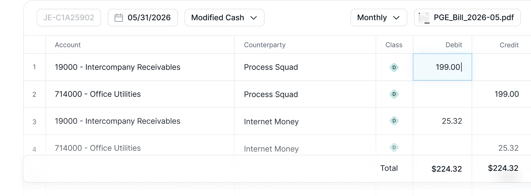 Journal entry editor with intercompany debits and credits balancing