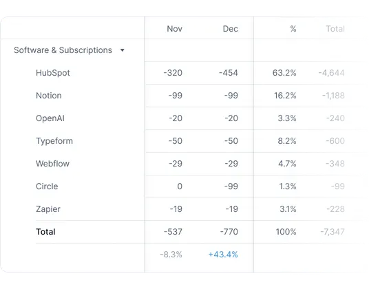 Software and subscriptions spending table comparing HubSpot, Notion, OpenAI and other vendors across months.