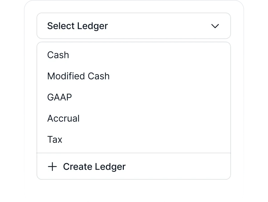Ledger picker with Cash, Modified Cash, GAAP, Accrual and Tax options