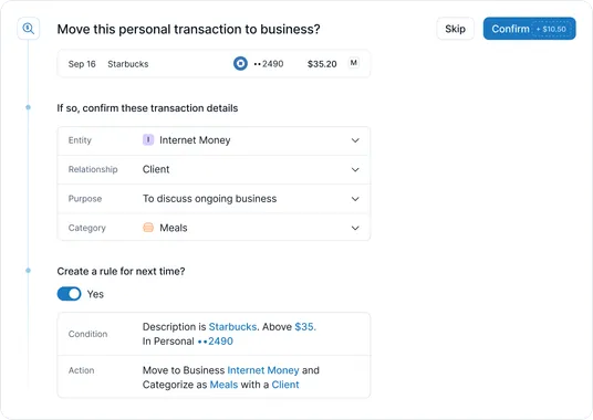 Dialog prompting the user to move a personal transaction to business and create a rule for next time.