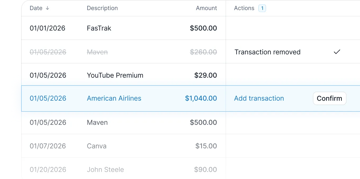 Transaction reconciliation view where one duplicate row is struck through as Transaction removed and another is highlighted to confirm an added entry