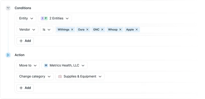 Rule builder with conditions for vendors like Withings, Oura, GNC, Whoop, and Apple, moving them to Metrics Health and categorizing as Supplies & Equipment.