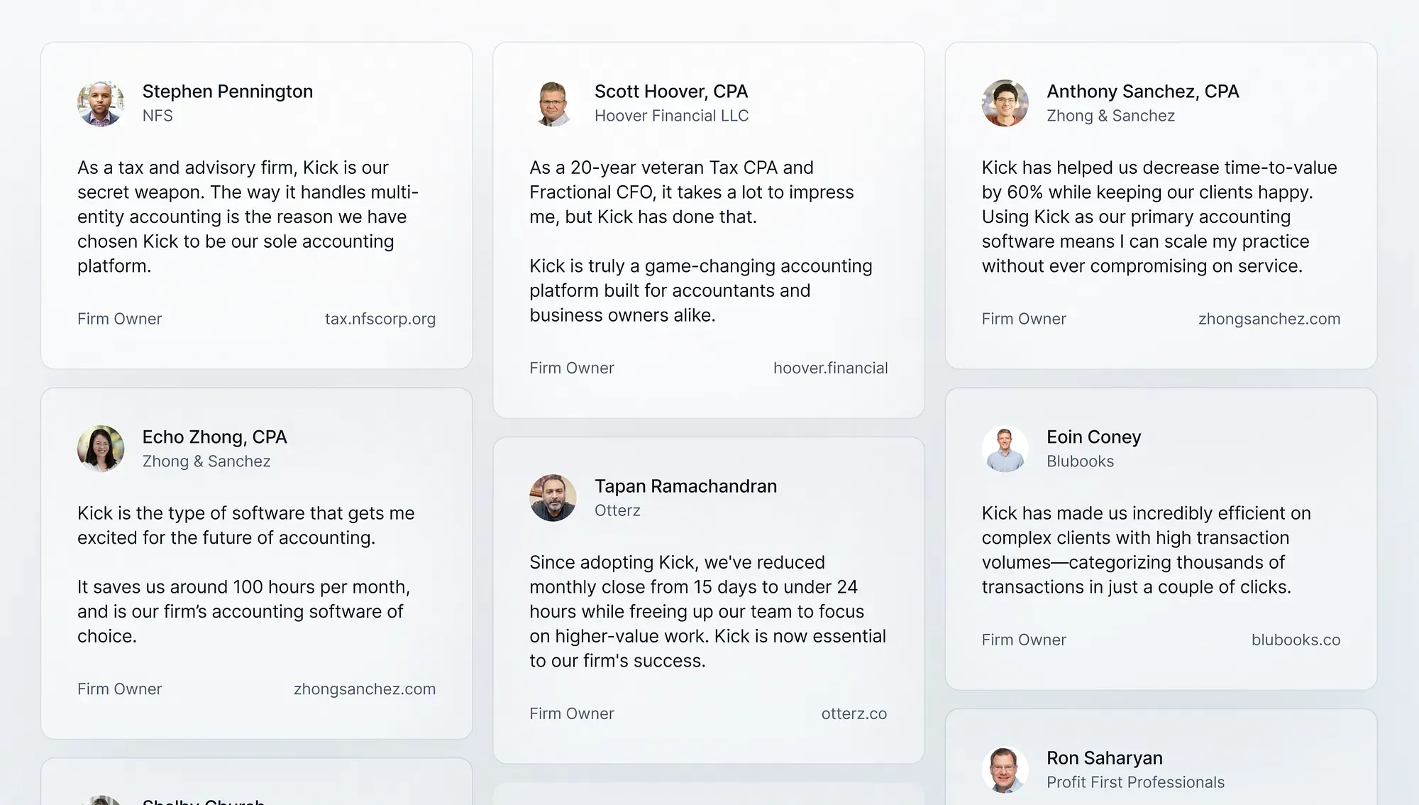 Firm partners who've turned to Kick to scale, including Zhong & Sanchez, NFS, Hoover Financial, Blubooks, Otterz and Profit First Professionals.
