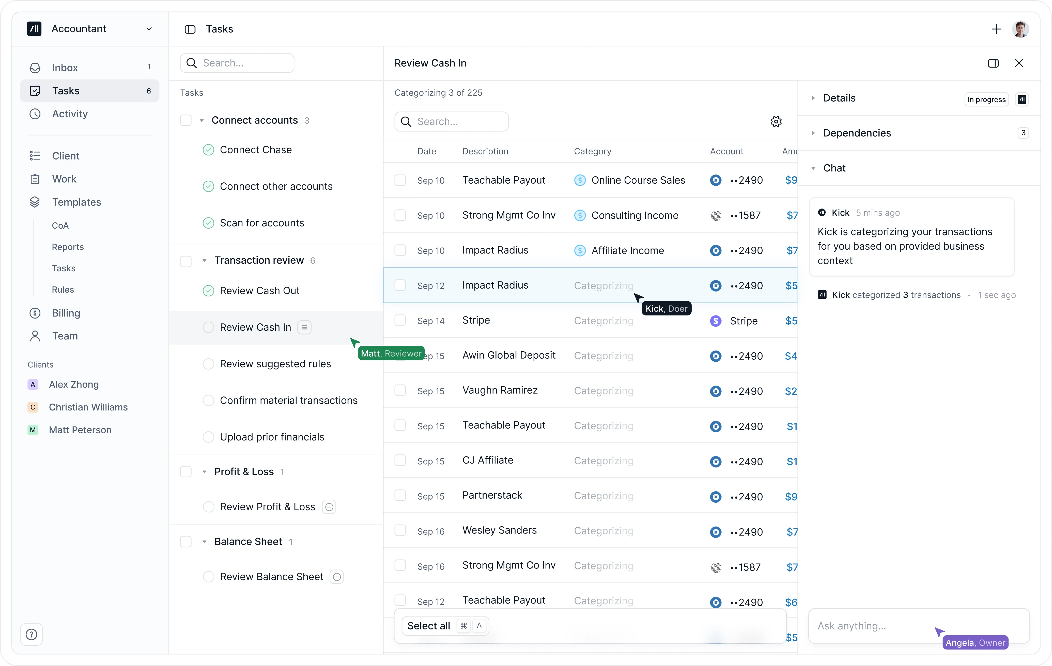 Kick task management UI showing categorize transactions, dependencies, and chat panels.