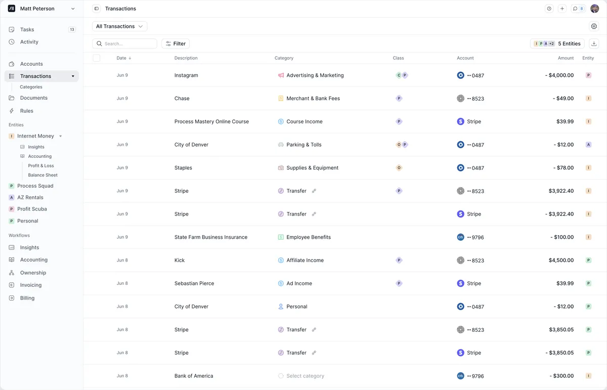 Kick transactions table with counterparties, categories, amounts and review status
